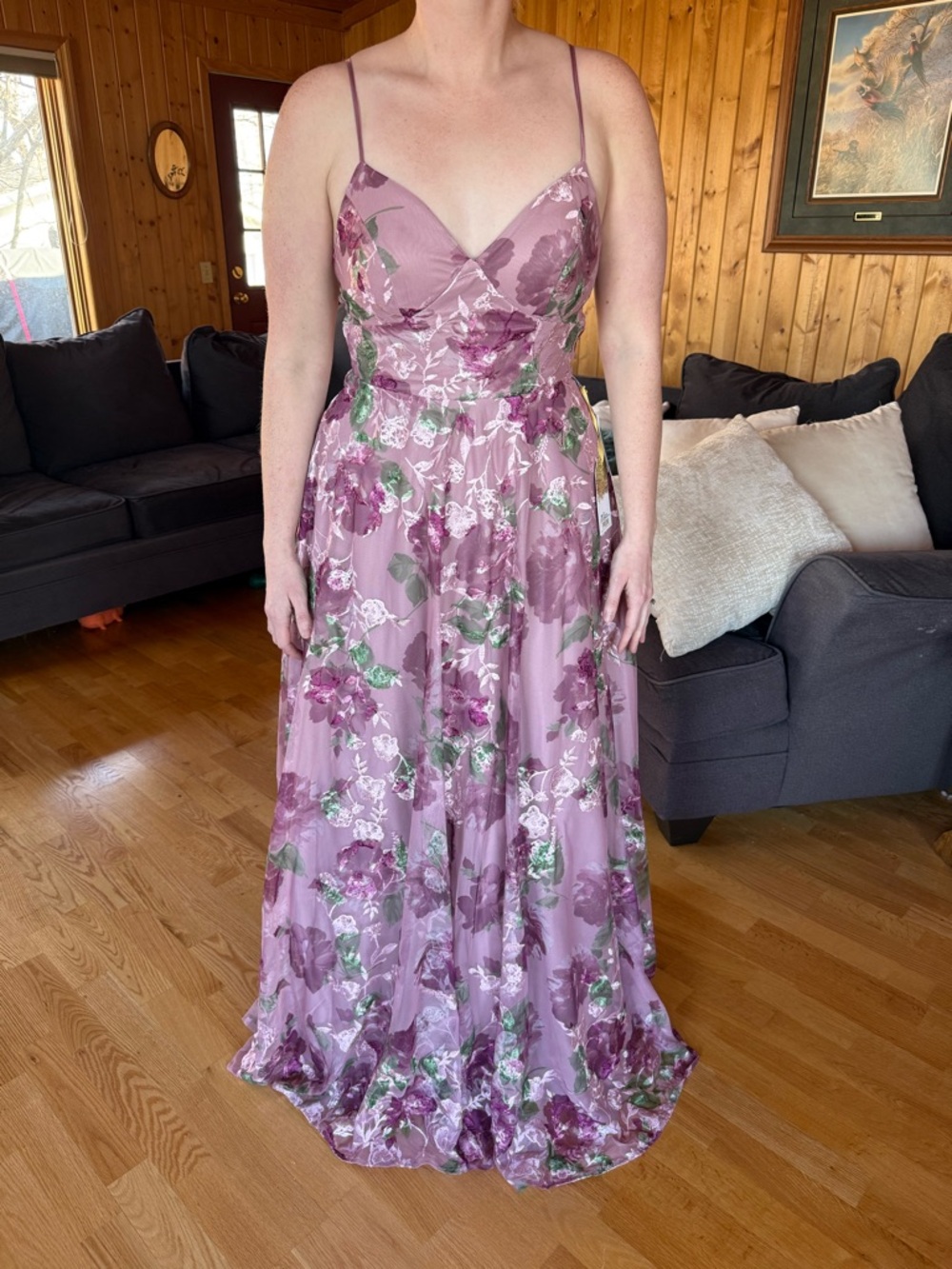 Floral Spaghetti-Strap Prom Gown in Mauve
